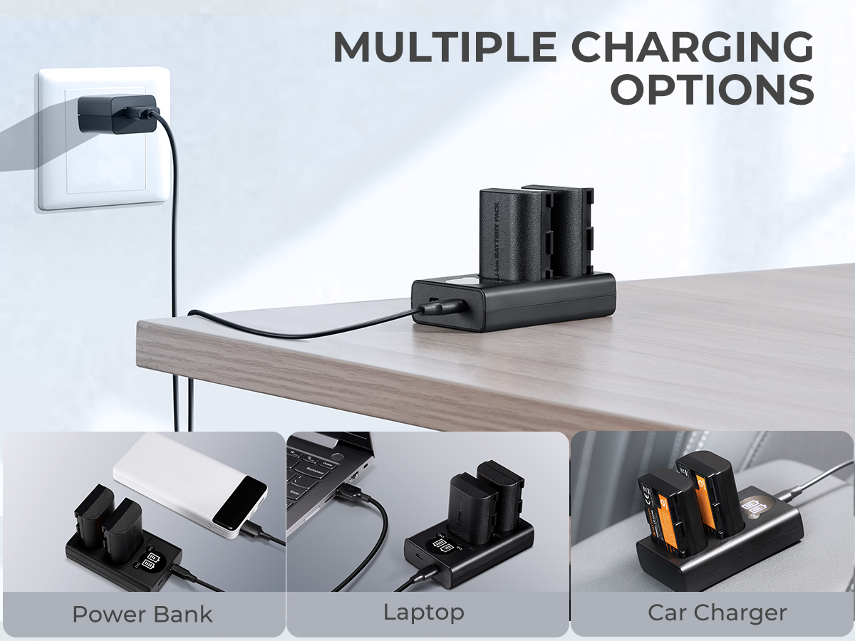 K&F Concept hordozható dupla USB-C akkumulátor LC-E6 töltő + 2db LP-E6NH akkumulátor 2250mAh K&F Concept hordozható dupla USB-C akkumulátor LC-E6 töltő + 2db LP-E6NH akkumulátor 2250mAh