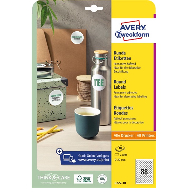 Avery 20mm 10ív 6222-10 univerzális fehér köretikett Avery 20mm 10ív 6222-10 univerzális fehér köretikett