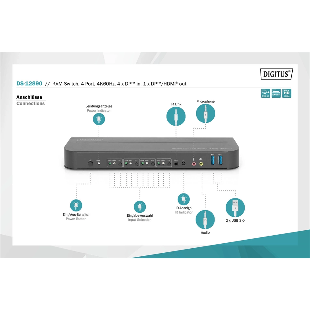 Digitus 4-Port, 4K60Hz, 4x DP in, 1x DP/HDMI out KVM Switch