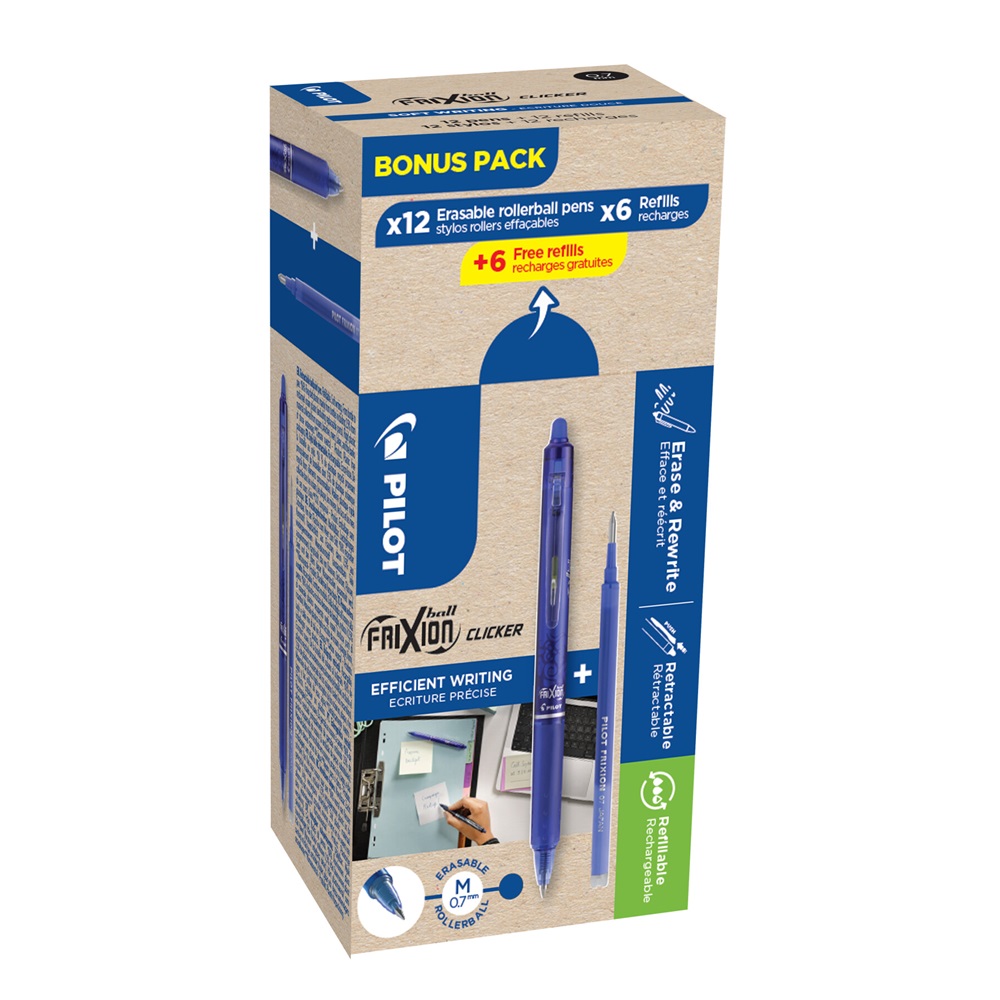 PILOT Rollertoll 0,5mm, törölhető  Frixion Clicker GreenPack, 12 toll + 12betét, írásszín kék (BLRT-GREENPACK-L)
