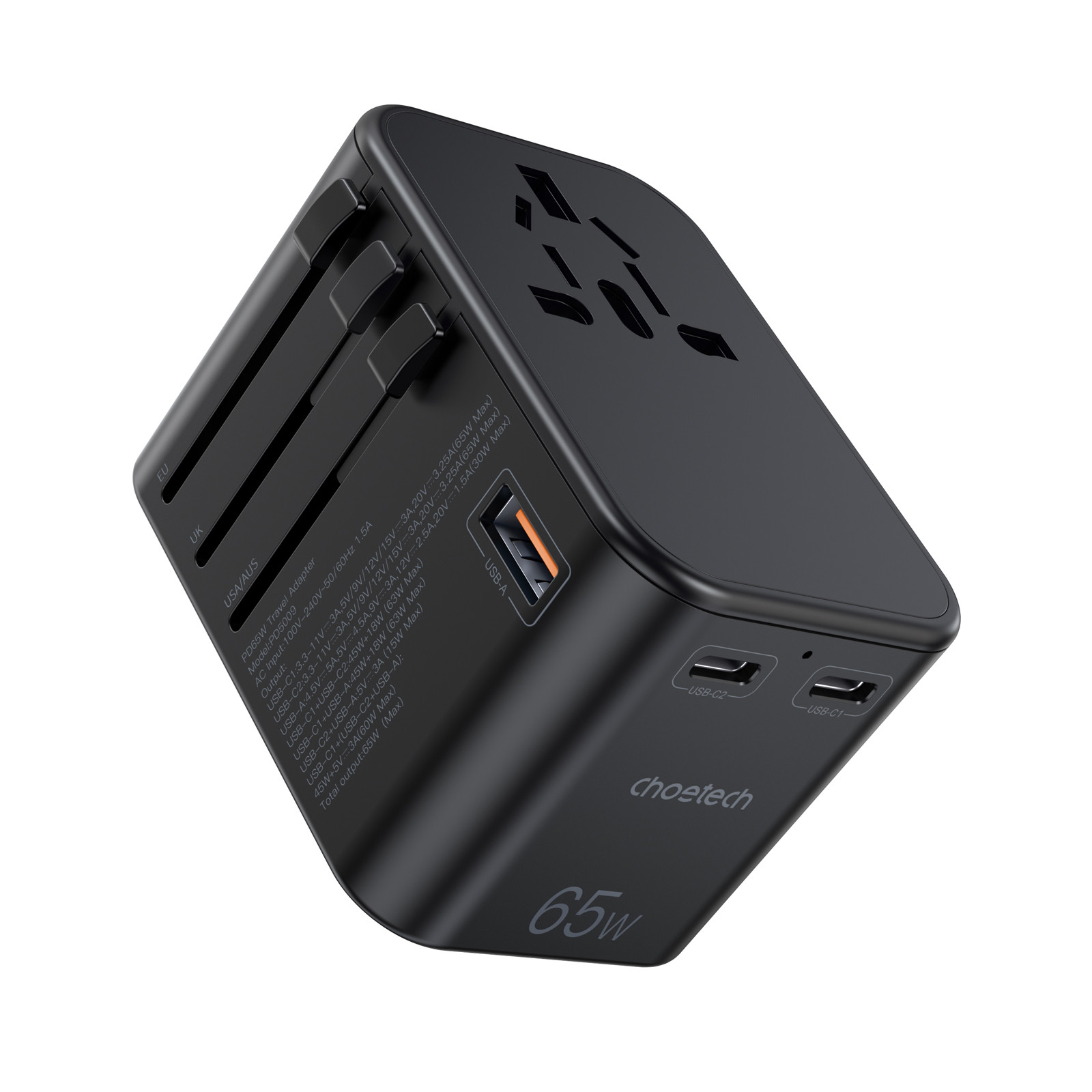 Choetech USB-C*2+A 65W travel US,UK,EU,AU töltő Fekete Choetech USB-C*2+A 65W travel US,UK,EU,AU töltő Fekete