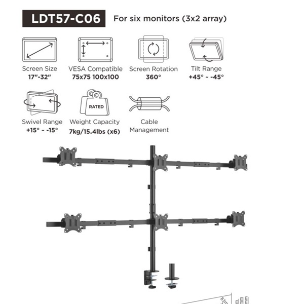 Equip  650160  13"-27"  6 monitor dönthető  forgatható állítható magasság Max.: 3x7kg Monitor Asztali konzol  fekete 