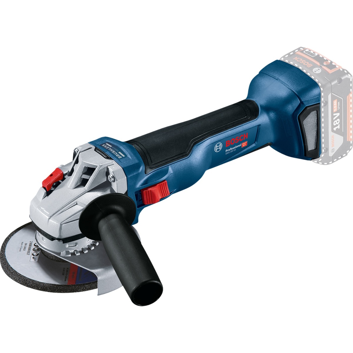 Bosch akkumulátoros sarokcsiszoló GWS 18V-10 Professional solo, 18V, 125mm (kék/fekete, akkumulátor és töltő nélkül, L-BOXX-ban) (06019J4003)