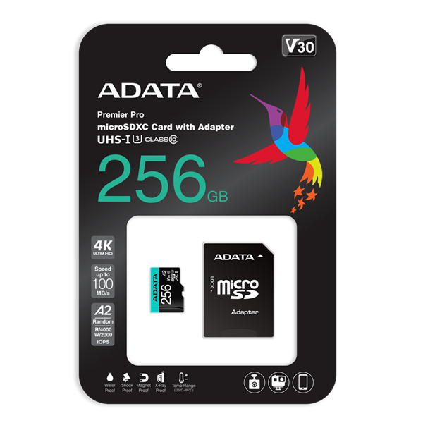 ADATA MicroSD kártya - 256GB microSDXC UHS-I U3 Class10 A2 V30S (R/W: 100/85 MB/s) + adapter