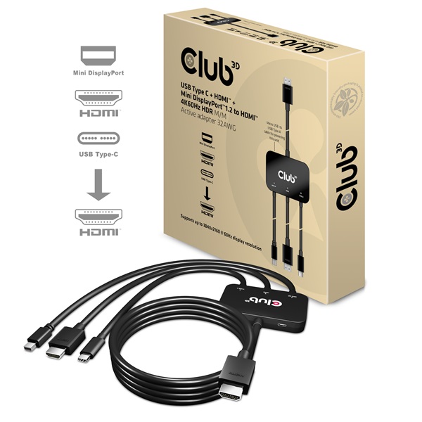 Club 3D CAC-1630 USB-C + HDMI + MiniDisplayport to HDMI 4K60Hz  M/M  32AVG Átalakító