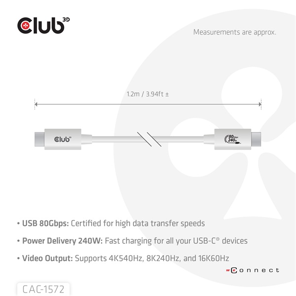 Club3D Kábel -  (USB4 Type-C, 240W PD, 80Gbps, 8K240Hz, 4K540Hz, Bidirectional, 1,2m, fekete) (CAC-1572)