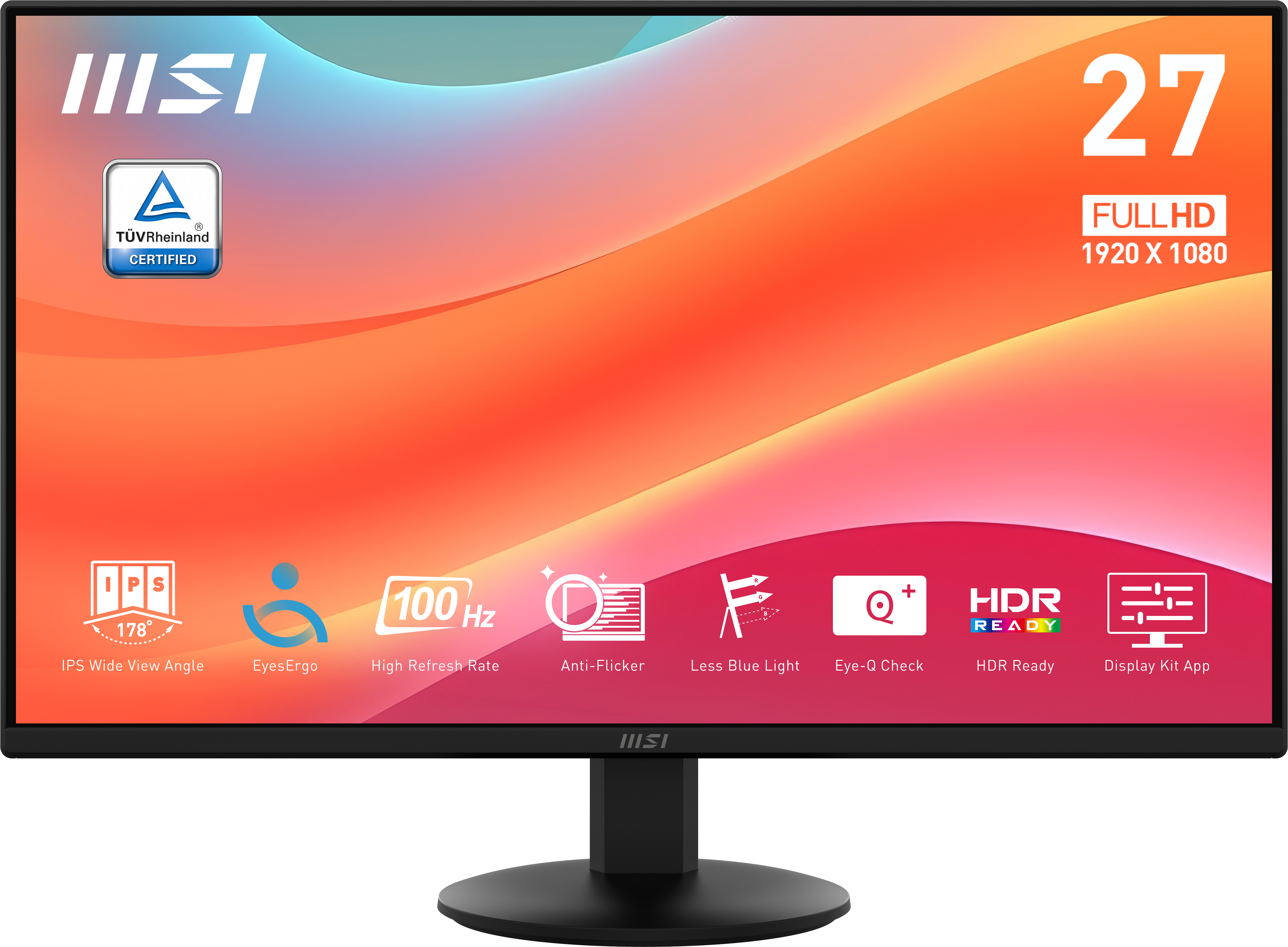 MSI 27" PRO MP272L Monitor - 1920x1080, Full HD, LED, IPS, 100Hz, 1ms FreeSync, Fekete