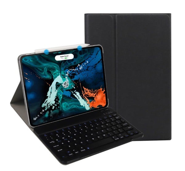 Tok álló, bőr hatású (FLIP, kivehető bluetooth billentyűzet, asztali tartó funkció, QWERTY, angol nyelvű) FEKETE [Apple IPAD Pro 11 (2018)]