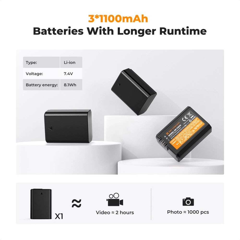 K&F Concept BC-TRW töltő  LCD + 3db FW50 akkumulátor 1100mAh hordozható tripla USB-C akkumulátor