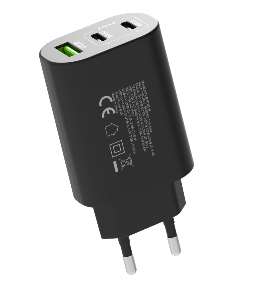 Hálózati gyorstöltő adapter 65W, Fekete