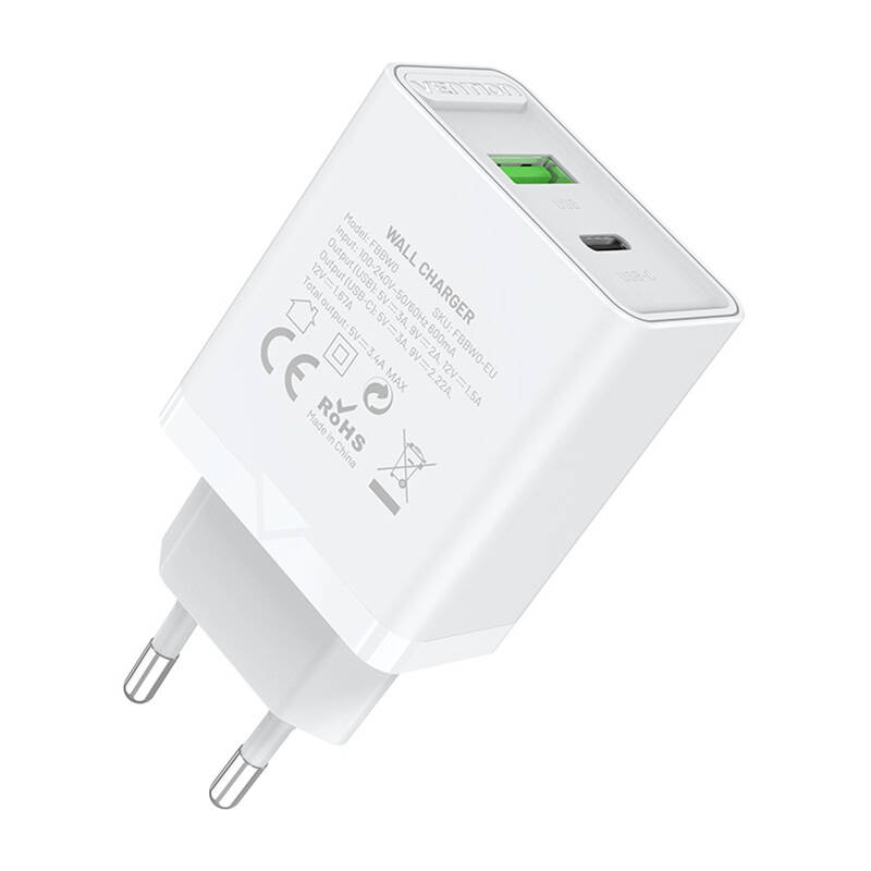 USB(A+C) Wall Charger Vention FBBW0-EU (18W/20W) White USB(A+C) Wall Charger Vention FBBW0-EU (18W/20W) White