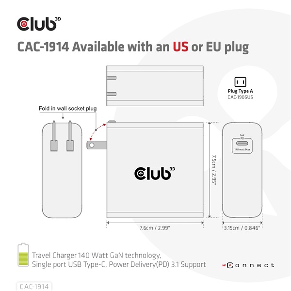 Club 3D   CAC-1914EU 140W GaN USB-C  PD 3.1 Hálózati Töltő