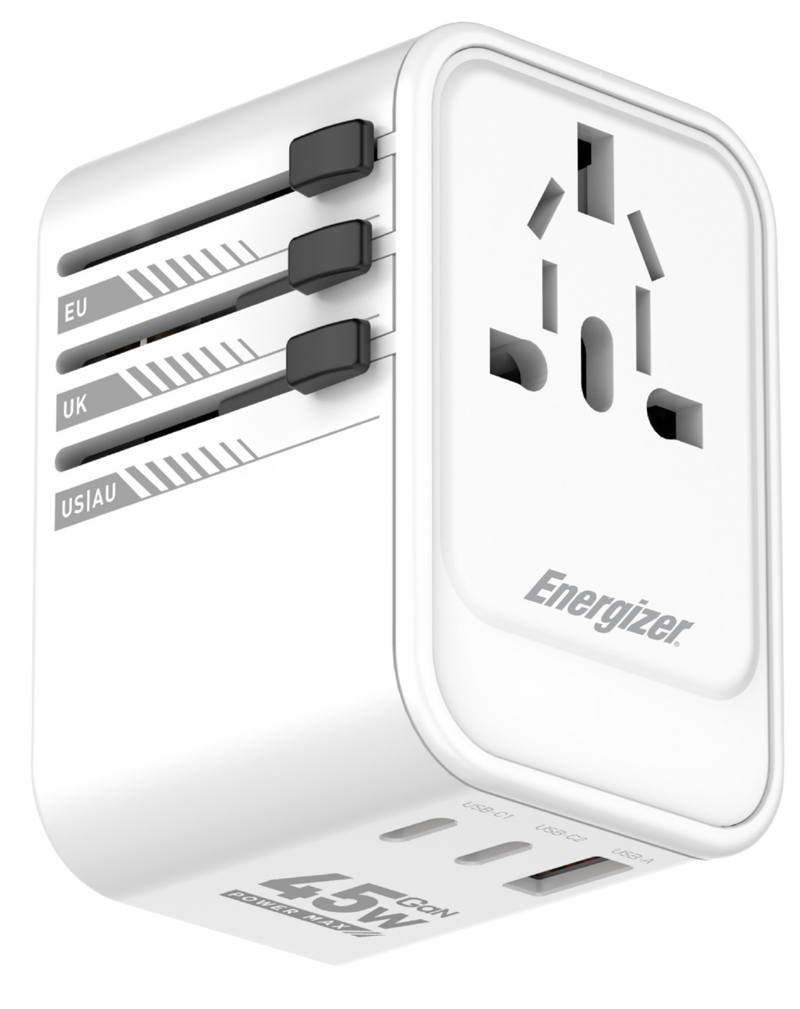 Energizer ETC450 univerzális csatlakozású (EU, UK, US, AU) utazó adapter és PD gyorstöltő max. 45W töltési teljesítménnyel (ENE813191)
