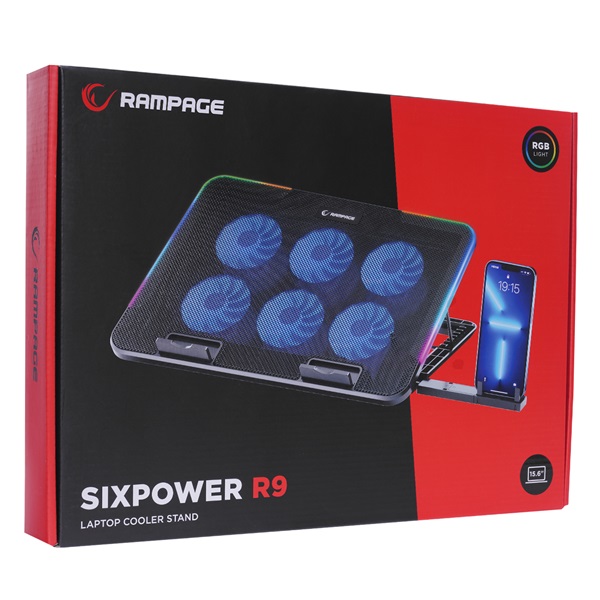 Rampage     SIXPOWER 15,6"-ig R9 fém rács 6xventi  RGB 2xUSB-A  kék LED Notebook Hűtőpad