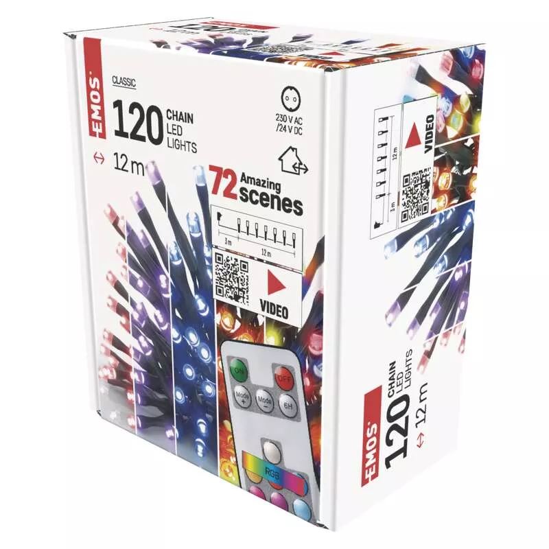 EMOS LED karácsonyi fényfüzér 12m kültéri és beltéri programozható távirányítós programozható RGB (D4AA03)