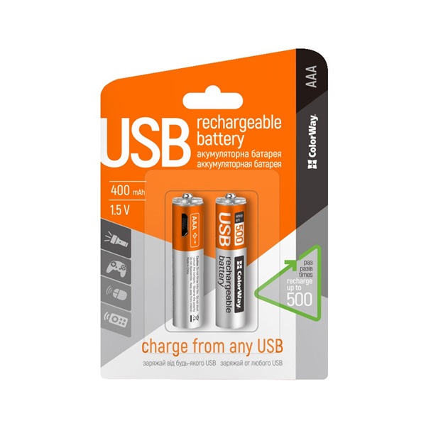 COLORWAY CW-UBAAA-01 Rechargeable Battery micro USB 400 mAh 1.5V (2pcs.)AAA újratölthető elem COLORWAY CW-UBAAA-01 Rechargeable Battery micro USB 400 mAh 1.5V (2pcs.)AAA újratölthető elem