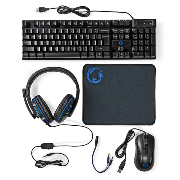 Nedis GCK51110BKUS gamer 5 az 1-ben készlet Angol Billentyűzet + Headset + Egér + Egérpad és adapter kábel, QWERTY
