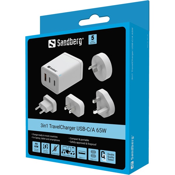 Sandberg Telefon töltő  3in1 TravelCharger USB-C/A 65W