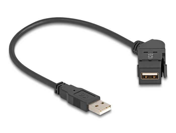 Delock USB 2.0 A-típusú panel tartó anya 45 -ban hajlított   A-típusú apa 30 cm kábellel, fekete (67151)