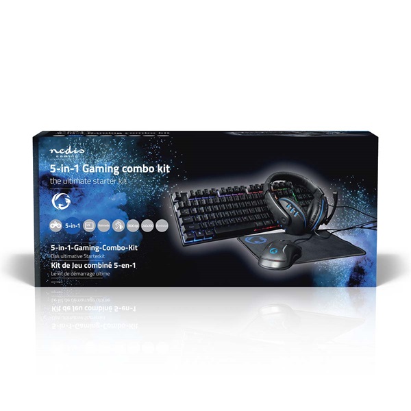 Nedis GCK51110BKUS gamer 5 az 1-ben készlet Angol Billentyűzet + Headset + Egér + Egérpad és adapter kábel, QWERTY