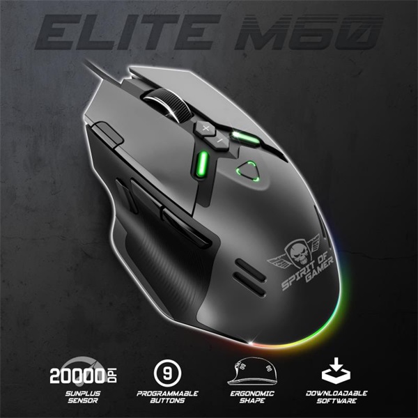 Spirit of Gamer ELITE-M60 Optikai  20000 DPI  1000Hz  9 programozható gomb  RGB  vezetékes Egér Fekete