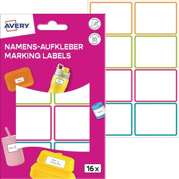 Avery NAME16C iskolai 46x33 mm 16 db öntapadós színes vízálló fólia