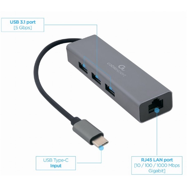 GEMBIRD Adapter, USB-C - RJ45, 3x USB, Gigabit ethernet, 0,17m GEMBIRD Adapter, USB-C - RJ45, 3x USB, Gigabit ethernet, 0,17m