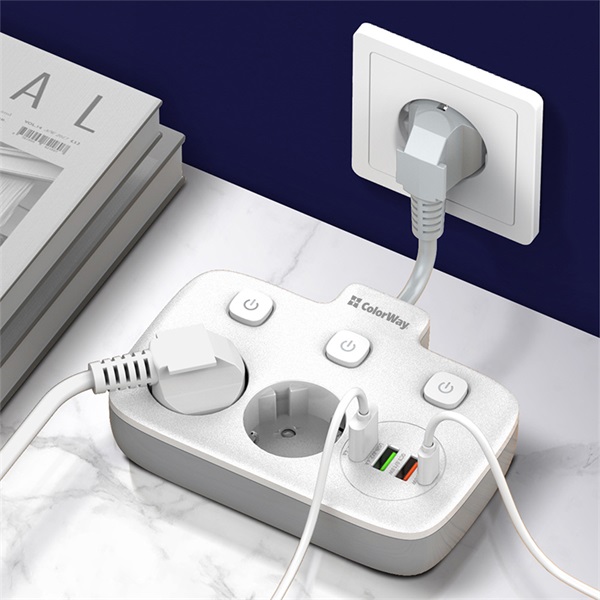 COLORWAY CW-CHE24PDW 2 dugalj 3xUSB-A 1xUSB-C 2m Hálózati elosztó Fekete