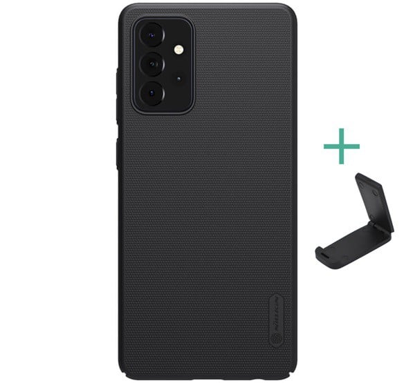 NILLKIN SUPER FROSTED műanyag telefonvédő (gumírozott, érdes felület + asztali tartó) FEKETE [Samsung Galaxy A72 5G (SM-A726F)]