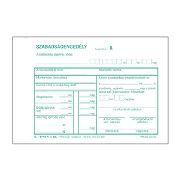 B.18-49/V A6 fekvő "Szabadságengedély" tömbös nyomtatvány