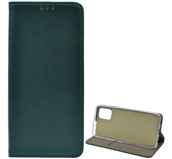 Tok álló, bőr hatású (FLIP, oldalra nyíló, asztali tartó funkció) SÖTÉTZÖLD [LG K62 (LMK525)]