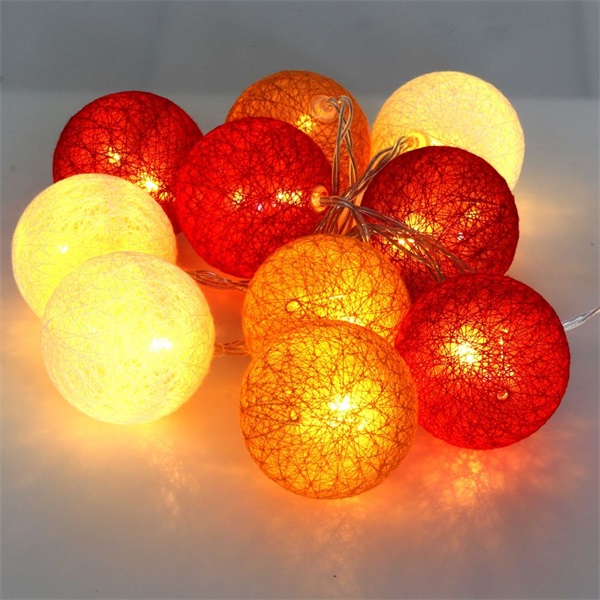 IRIS Gömb alakú 6cm/színes fonott/1,5m/piros-narancs-meleg fehér/10db LED-es/USB-s fénydekoráció  (104-10)
