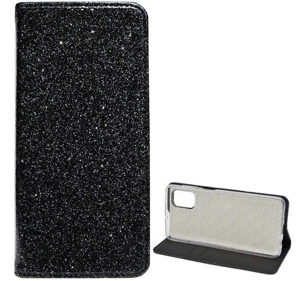 Tok álló, bőr hatású (FLIP, szilikon belső, oldalra nyíló, asztali tartó funkció, bankkártya tartó, csillogó) FEKETE [Samsung Galaxy M51 ...