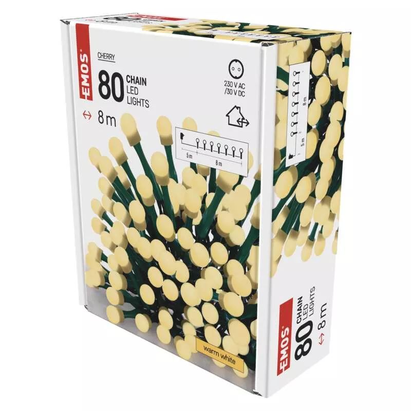 EMOS LED fényfüzér cseresznye golyók 8m kültéri és beltéri időzítős melegfehér (D5AW02) EMOS LED fényfüzér cseresznye golyók 8m kültéri és beltéri időzítős melegfehér (D5AW02)