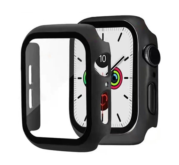 Műanyag keret (BUMPER, ütésálló + kijelzővédő üveg) FEKETE [Apple Watch Series 7 45mm]