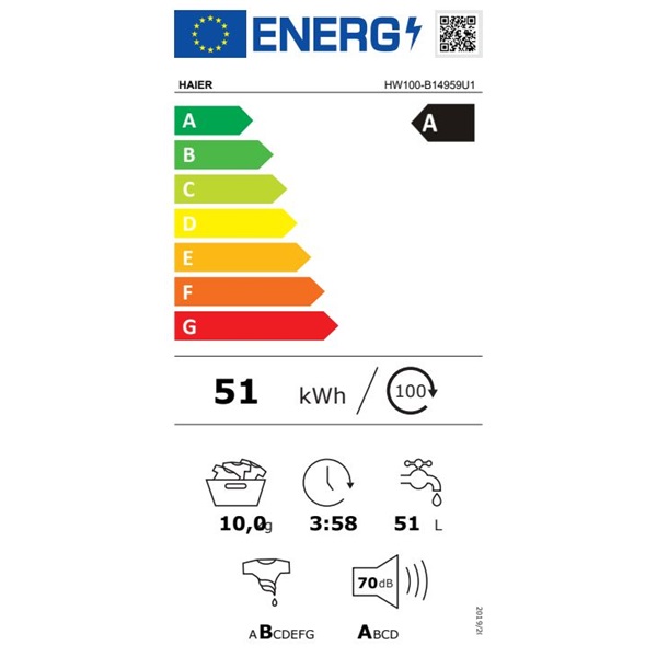 Haier HW100-B14959U1-S Elöltöltős mosógép - 10kg, 1400 ford./perc, A Energiaosztály, WIFI, gőz program