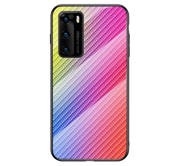 Telefonvédő szilikon keret (BUMPER, edzett üveg hátlap, karbon minta) SZÍNES [Huawei P40]