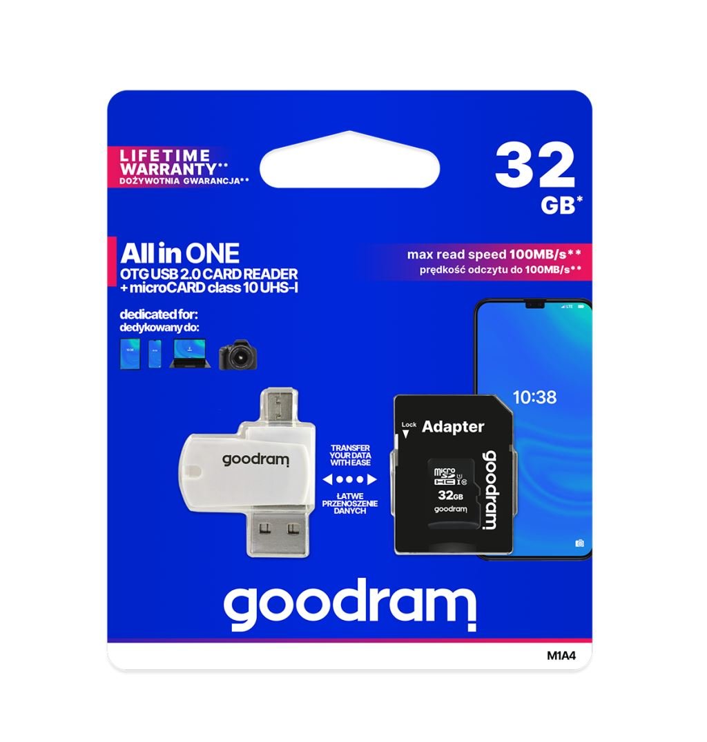 32GB microSDHC Goodram UHS-I CL10 memóriakártya + OTG kártyaolvasó (M1A4-0320R12)