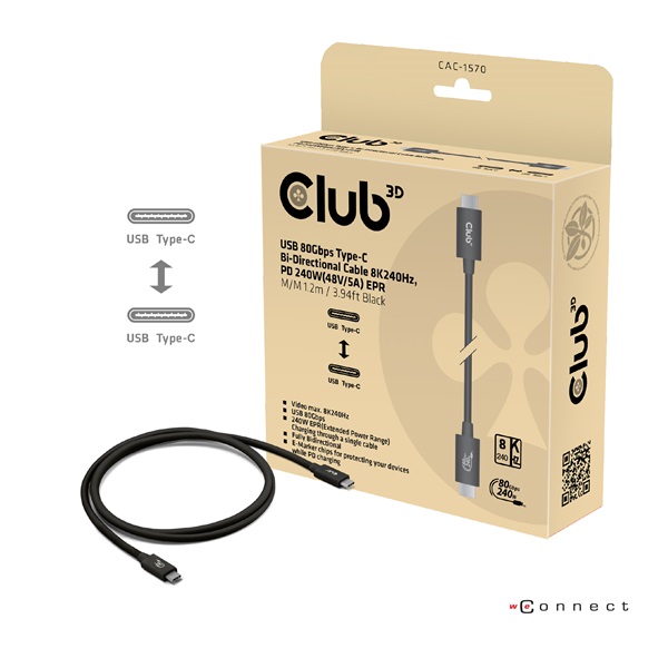 Club3D Kábel -  (USB4 Type-C, 240W PD, 80Gbps, 8K240Hz, 4K540Hz, Bidirectional, 1,2m, fehér) (CAC-1570)