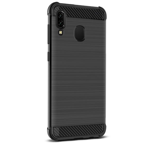 IMAK VEGA szilikon telefonvédő (közepesen ütésálló, légpárnás sarok, szálcsiszolt, karbon minta) FEKETE [Samsung Galaxy A30 (SM-A305F)]