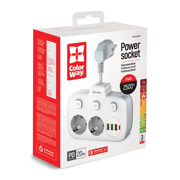 COLORWAY CW-CHE24PDW 2 dugalj 3xUSB-A 1xUSB-C 2m Hálózati elosztó Fekete