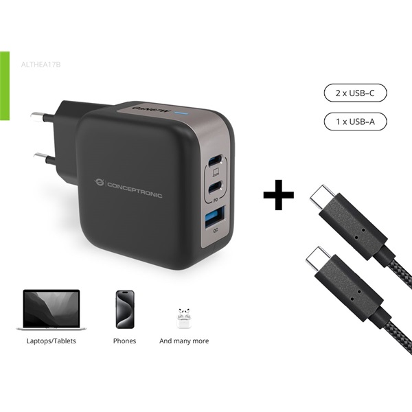 Conceptronic telefon töltő adapter+kábel ALTHEA17B  2xUSB-C+USB-A 67W  USB-C töltő kábel Fekete