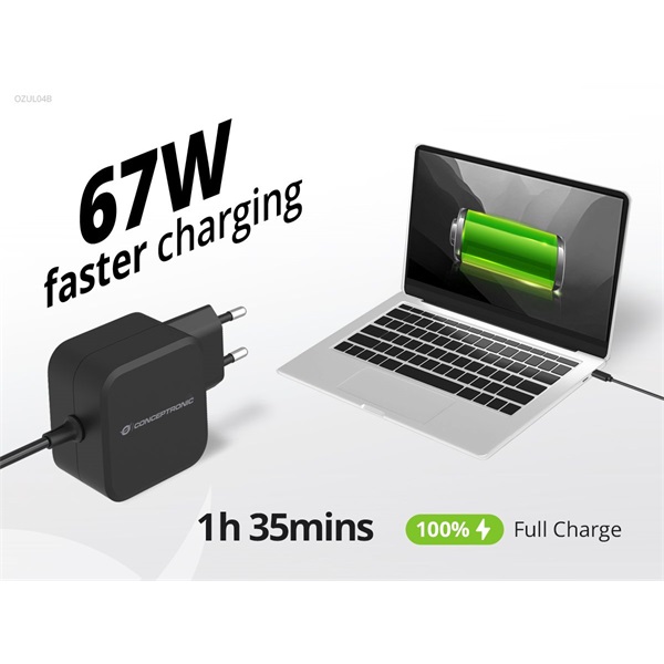 Conceptronic  OZUL04BE USB-C  67W 3,3-21V 1,8m Univerzális Töltő adapter Fekete  