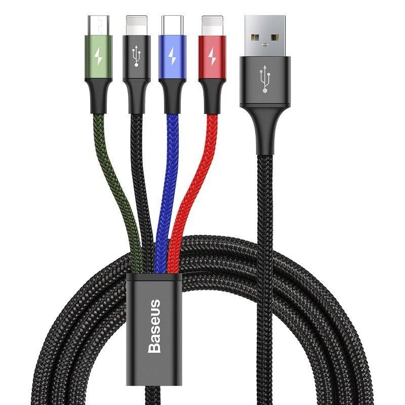 Baseus Fast 4 az 1-ben USB-C, 2x Lightning, Micro 3,5A, kábel, 1.2 m, fekete (CA1T4-A01) Baseus Fast 4 az 1-ben USB-C, 2x Lightning, Micro 3,5A, kábel, 1.2 m, fekete (CA1T4-A01)