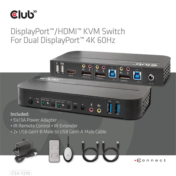 Club 3D   CSV-7210 Dual DisplayPort  4K60Hz  HDMI KVM  IR távirányító KVM Switch 