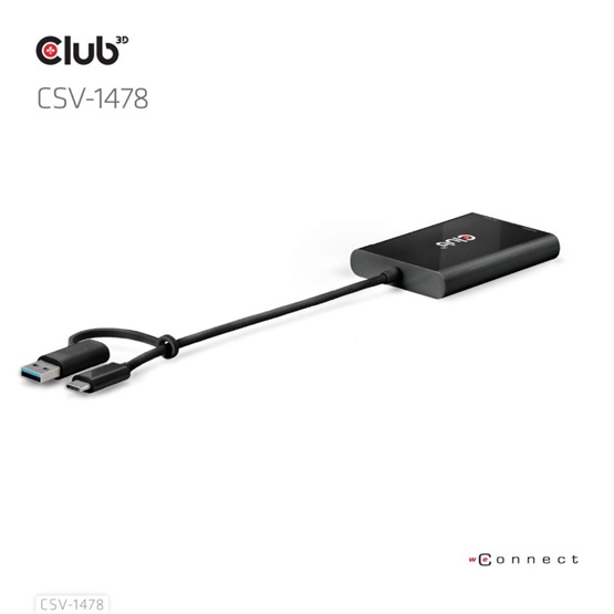 ADA Club3D USB Type-C (with USB Type-A adapter) to dual DisplayPort™(4K60Hz) Video Splitter