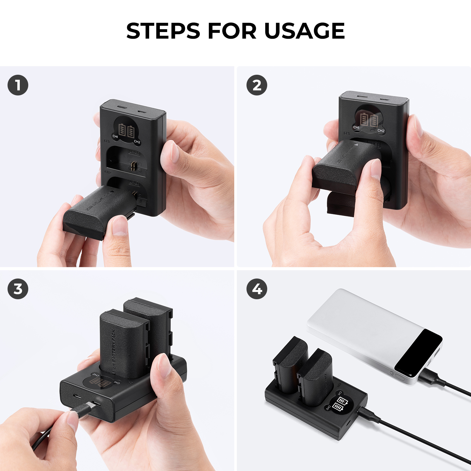 K&F Concept hordozható dupla USB-C akkumulátor LC-E6 töltő + 2db LP-E6NH akkumulátor 2250mAh