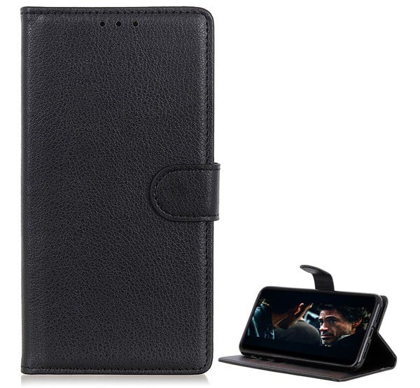 Tok álló, bőr hatású (FLIP, oldalra nyíló, asztali tartó funkció, prémium) FEKETE [LG K42 (LM-K420HM)]