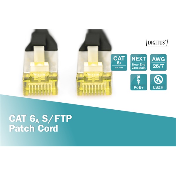 RJ45 Hálózat Csatlakozókábel CAT 6A S/FTP 1.00 m Fekete Halogénmentes, sodort érpár, Védővel, Lángálló Digitus RJ45 Hálózat Csatlakozókábel CAT 6A S/FTP 1.00 m Fekete Halogénmentes, sodort érpár, Védővel, Lángálló Digitus