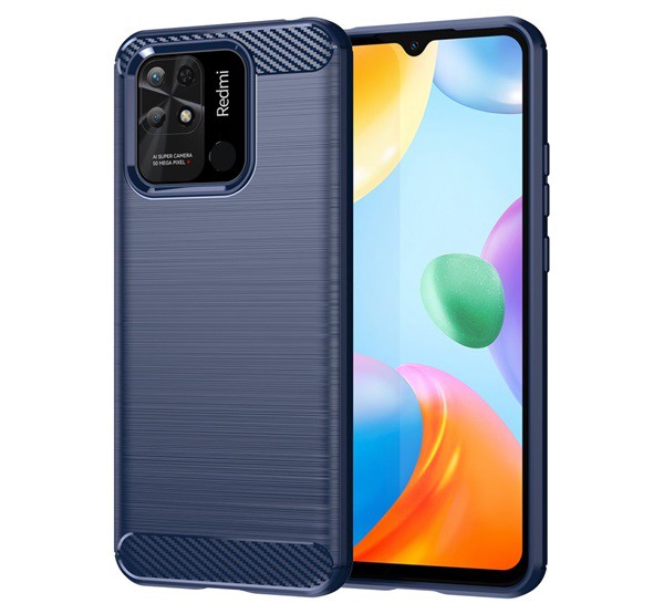 Szilikon telefonvédő (közepesen ütésálló, légpárnás sarok, szálcsiszolt, karbon minta) SÖTÉTKÉK [Xiaomi Redmi 10C]